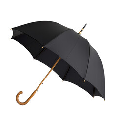 Black umbrella with wooden handle, stylish and functional for rain protection. Perfect for outdoor use, combining elegance and practicality