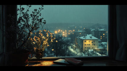 Apartment window night view scenery landscape interior inspiration backdrop wallpaper background