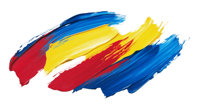 Bold acrylic paint strokes in red, blue, and yellow, abstract artistic expression, isolated on a white background 