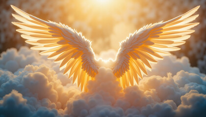 Majestic angel wings emerging from clouds illuminated by golden sunlight