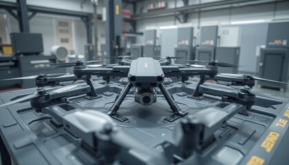 Fototapeta premium Industrial Drones on Launchpad in Manufacturing Facility