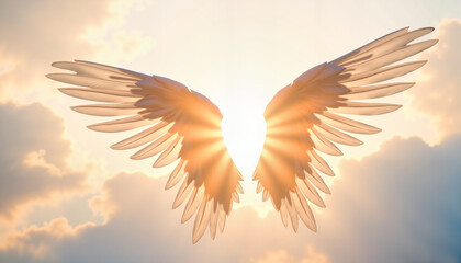 Obraz premium Radiant angel wings illuminated by sunlight against a cloudy sky backdrop