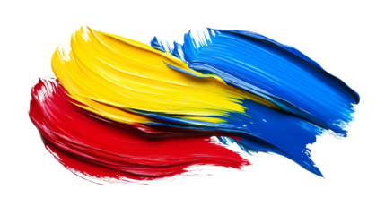 Bold acrylic paint strokes in red, blue, and yellow, abstract artistic expression, isolated on a white background 