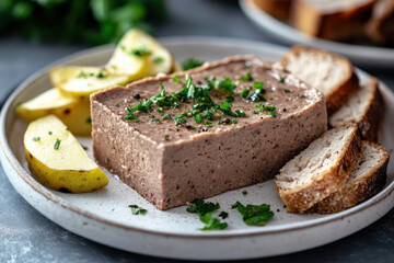 A delicious serving of pasztet (meat p&acirc;t&eacute;), elegantly presented on a platter