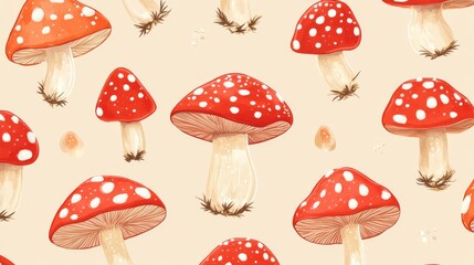 Colorful pattern of red and white amanita mushrooms on beige background