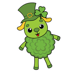 Lucky leprechaun sheep monster character with a funny expression, illustrated in 3D, surrounded by nature and Halloween vibes, looking happy and isolated