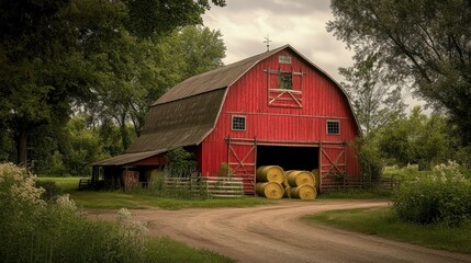 Obraz premium Red barn with hay bales near winding country road