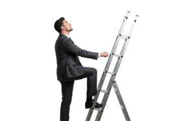 Isolated Corporate Man Climbing High Ladder to Achieve Goal