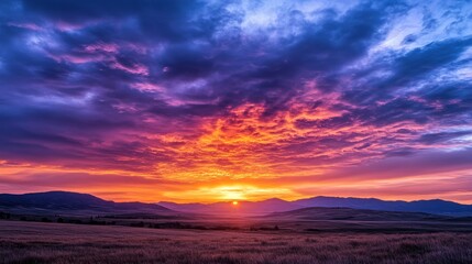 The sun sets in vibrant colors above expansive fields and mountains, painting the sky in dramatic purples and fiery oranges.