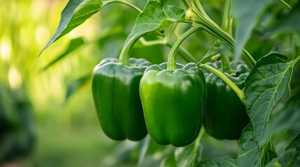 Green Bell Peppers Grow on a Plant with Green Leaves