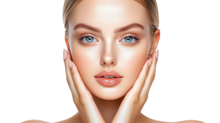 Closeup beauty portrait, woman with flawless skin and delicate hands caressing face