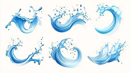 Dynamic blue water splashes in curved motion set against white background