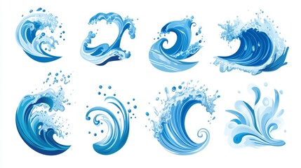 Various artistic blue wave icons with splashes and swirls on white background