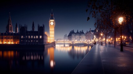 Obraz premium Night View of London s Big Ben Westminster Bridge Parliament