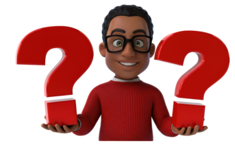 Isolated Cartoon Man Holding Question Marks with a Puzzled Expression