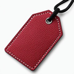 Red leather tag with white stitching and blank space for labeling on plain background