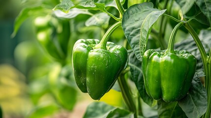 Green bell peppers hanging on their vine plants in nature