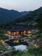 Obraz premium A Korean traditional house is on a mountainside