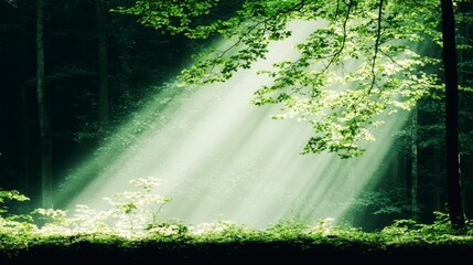 Obraz premium Sunbeams in Lush Green Forest Nature Sunlight Tranquil Woods