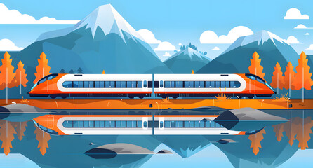 Fototapeta premium A modern train with orange and white carriages passing through the city, representing efficient and fast public transport.