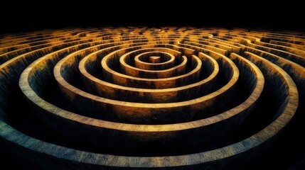 Fototapeta premium Intricate Golden Maze Abstract Geometry Circular Pattern Path Challenge Puzzle Desi