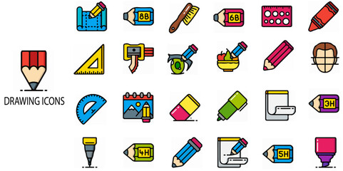 Drawing simple concept 24 colour icons set. Contains such  paint, artwork, paintbrush, artist, museum, painter, art gallery, paint stroke .Vector illustration.