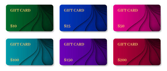 Gift cards mockups with shadows. Background template with abstract pattern. Voucher or coupon	
