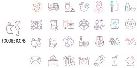 Foodies simple concept 28 colour icons set. Contains such  .Vector illustration.