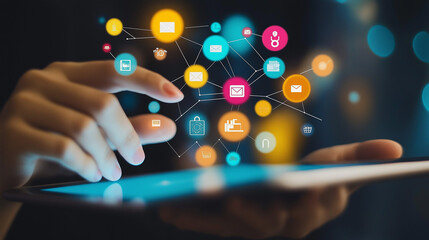 Hand Holding Tablet with Glowing Digital Connectivity Icons
