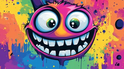 Colorful graffiti monster with big eyes and grinning smile on vibrant background