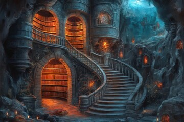 Mystical library in a cavern with glowing shelves and intricate stone architecture during dusk