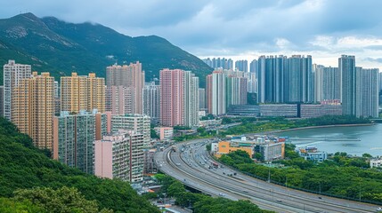Fototapeta premium Urban skyline of Hong Kong with mountains and highway view
