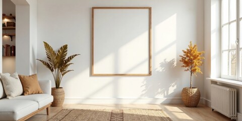 A sunlit living room features a large, blank wooden frame, a cozy light-colored sofa with beige and tan throw pillows, a jute rug, and potted plants adding natural elements.