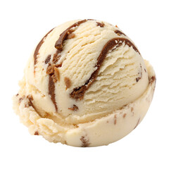 A scoop of vanilla ice cream with chocolate swirls and chunks on a transparent background