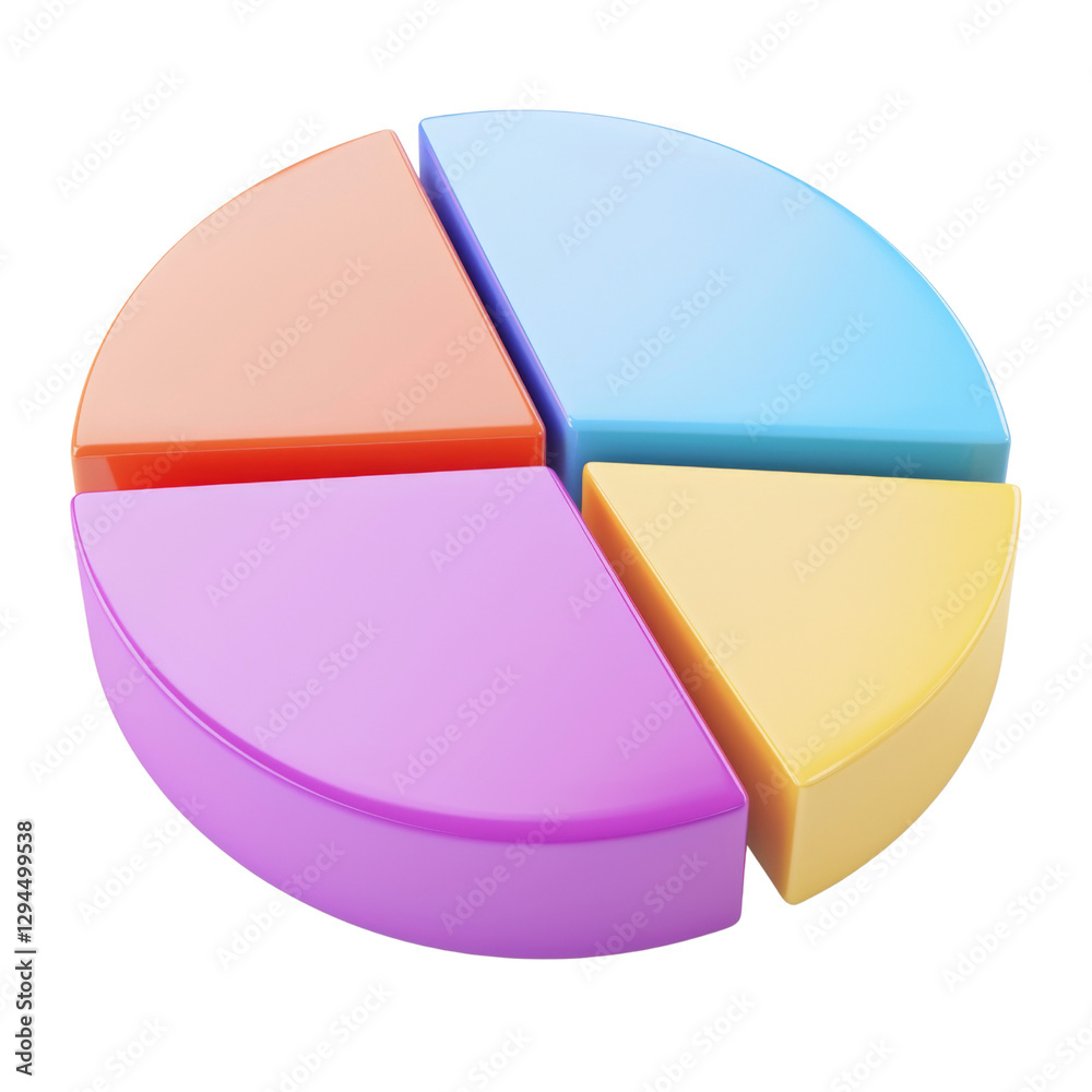 Fototapete Colorful pie chart with four segments representing data distribution. vibrant colors include orange, blue, purple, and yellow, creating engaging visual for presentations or reports