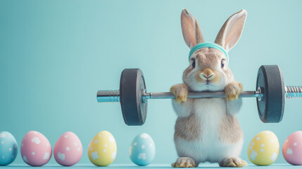 Happy cute Easter bunny lifts weights between colorful Easter eggs in bright and cheerful setting in a minimalist gym. Easter greetings from fitness club. Happy Easter. With copy space