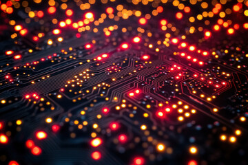 Fototapeta premium A printed circuit board (PCB) decorated with Christmas lights, festive and technical, creative design