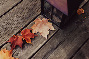 Outdoor lamp on wooden table with fallen autumn leaves