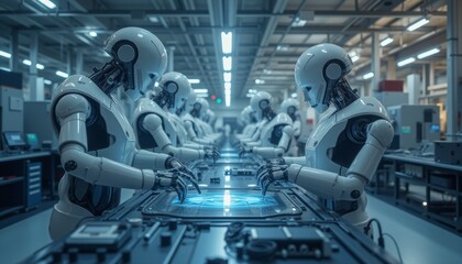 Fototapeta premium Two Robotic Workers Collaborating on a Holographic Interface in a Factory