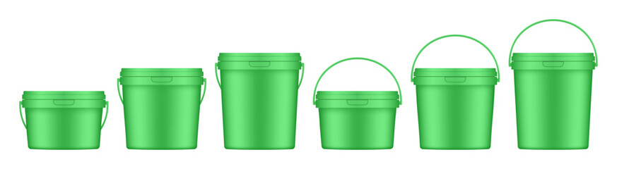 Neon green plastic buckets with handle and lid. Vector mockup of a food or building mixtures packaging. A bucket of paint or putty. Small, medium and large sizes