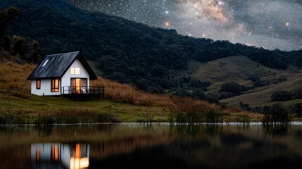 Fototapeta premium Serene Lakeside Cabin Under Starry Night Sky Mountain View