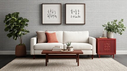 Obraz premium Modern Living Room with Minimalist Decor and Green Plants