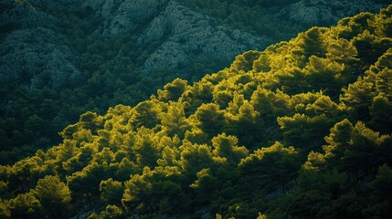 Lush Green Forest Bathed in Golden Light at Dusk