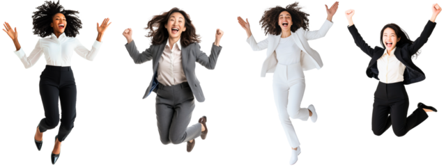 group of 4 happy businesswomen jumping up in the air isolated over transparent (white) background; concept of business success celebration, successful career; cutted corporate people silhouette