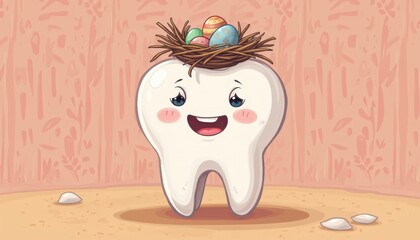  Tooth Character with Easter Eggs in a Nest on a Wooden Surface