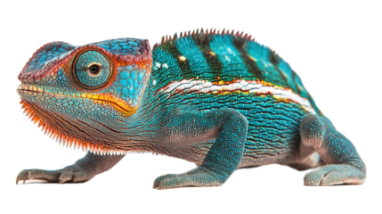 Vibrant chameleon displaying colorful patterns natural habitat wildlife photography studio environment close-up viewpoint animal behavior