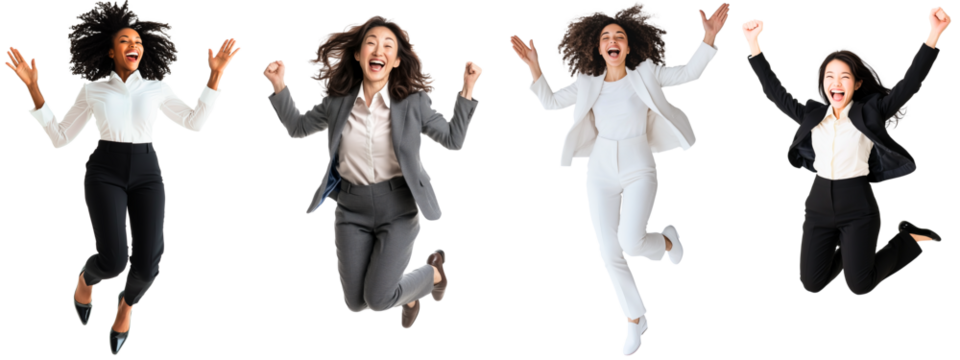 group of 4 happy businesswomen jumping up in the air isolated over transparent (white) background; concept of business success celebration, successful career; cutted corporate people silhouette