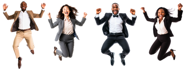 multicultural group of happy businessmen & businesswomen jumping up in the air isolated over transparent (white) background; high resolution businesspeople stock photos