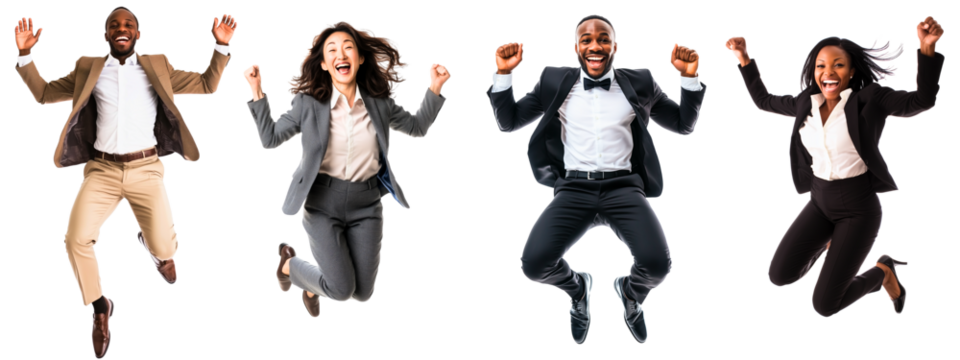 multicultural group of happy businessmen & businesswomen jumping up in the air isolated over transparent (white) background; high resolution businesspeople stock photos