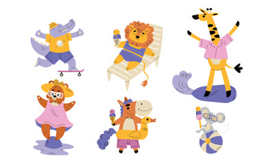 Fototapeta premium Funny Animals Tourist Enjoying Summer Beach Vacation Vector Set